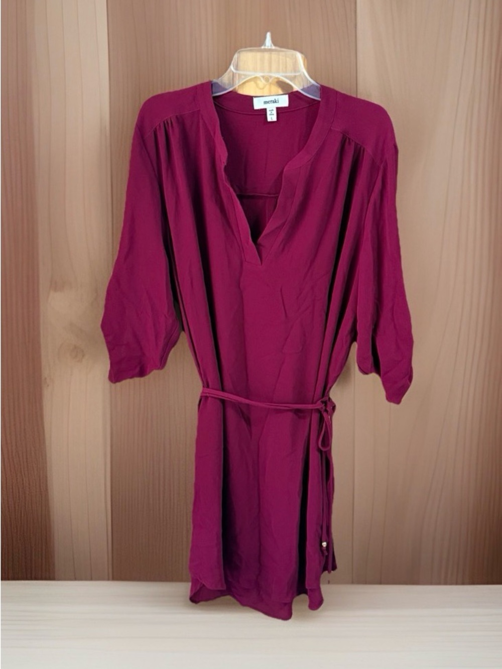 NwoT Meraki Burgundy Women's Long Sleeve Belted Tunic Dress w/Gold Accents - L